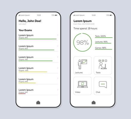 Exams manager smartphone interface vector template. Mobile app page color design layout. Progress assessment screen. Linear UI for application. Study time organizer, planner phone display