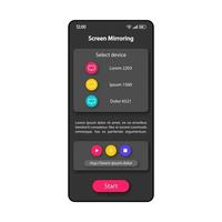 Screen mirroring tool smartphone interface vector template. Mobile app page color design layout. Images, video reflecting technology screen. Flat UI for application. Start connection phone display