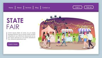 State fair landing page vector template. City event, festival website interface idea with flat illustrations. Street food market stalls homepage layout. Funfair web banner, webpage cartoon concept
