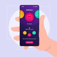 Meditation smartphone interface vector template. Mobile app page color design layout. Relaxation time screen. Flat UI for application. Hand holding phone with meditating, spiritual practice on display