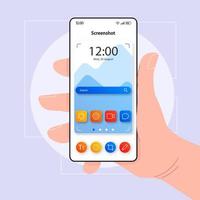 Screenshots taking smartphone interface vector template. Mobile app page color design layout. Camera focus screen. Flat UI for application. Hand holding phone with making screen photo tool on display