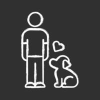 Animals welfare and help chalk icon. Pup and master. Pet adoption from shelter. Animal emotional support. Volunteer activity. Man with faithful dog. Isolated vector chalkboard illustration