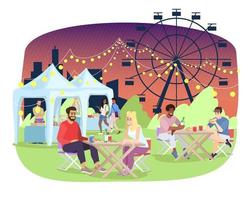 Summer night fair flat vector illustration. Amusement park, funfair, carnival, festival entertainment. Couple eating at outdoor cafe on fairground cartoon characters. Food stalls and ferris wheel