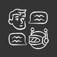 Chatbot chalk icon. Online customer support robot. Help service. Man chatting with bot app. Virtual assistant. Network communication. Artificial intelligence. Isolated vector chalkboard illustration