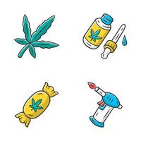 Weed products color icons set. Cannabis industry. CBD oil and candy. Cigarette blue gas lighter. Marijuana legalization. Hemp distribution, sale. Alternative medication. Isolated vector illustrations