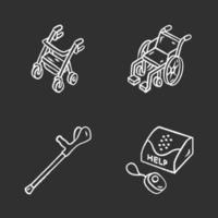 Disabled devices chalk icons set. Rollator, manual wheelchair, forearm crutch, personal emergency response system. Mobility aid, handicapped equipment. Isolated vector chalkboard illustrations