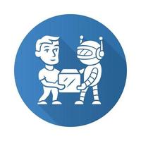 Transactional bot flat design long shadow glyph icon. Artificial intelligence. Partner bot. Man and robot holding box. Robotic delivery service. Database updating. Vector silhouette illustration