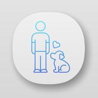 Animals welfare and help app icon. Pup and master. Pet adoption from shelter. Volunteer activity. Man with faithful dog. UI UX user interface. Web or mobile applications. Vector isolated illustrations