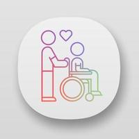 Disabled people help app icon. Volunteer responsibility for handicapped. Man carries invalid in wheelchair. UI UX user interface. Web or mobile applications. Vector isolated illustrations