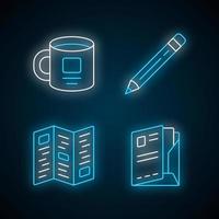 Business tools neon light icons set. Office accessories glowing signs. Company employee, business equipment vector isolated illustrations. Personal cup, corporate booklet, pencil and document folder