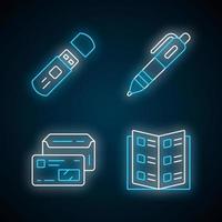 conjunto de iconos de luz de neón de atributos de trabajo de oficina. accesorios de negocios letreros brillantes. ilustraciones aisladas de vectores de kit de trabajador corporativo. unidad flash usb, bolígrafo, catálogo de empresa y sobre con tarjeta de identificación