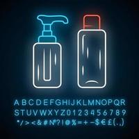 Empty reusable containers neon light icon. Shampoo and soap bottles for travel. Personal hygiene, self care products. Glowing sign with alphabet, numbers and symbols. Vector isolated illustration