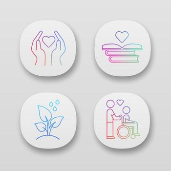 conjunto de iconos de aplicaciones de voluntariado. proyecto de caridad, ayuda a personas discapacitadas, plantación de árboles, distribución de libros educativos. interfaz de usuario ui ux. aplicaciones web o móviles. Ilustraciones de vectores aislados
