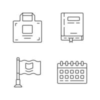 conjunto de iconos lineales de accesorios de oficina. el negocio suministra símbolos de contorno de línea delgada. bloc de notas de trabajo, calendario de escritorio, maletín e ilustraciones de contorno de vector aislado de bandera pequeña. trazo editable