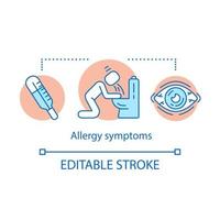 Allergy symptoms concept icon. Organism reactions to allergens idea thin line illustration. Fever, vomiting, allergic conjunctivitis. Health problems. Vector isolated outline drawing. Editable stroke