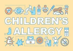 banner de conceptos de palabras de alergia infantil. cuidado de la salud de los niños. Alergia e inmunología pediátrica. presentación, sitio web. idea de tipografía de letras aisladas con iconos lineales. ilustración de contorno vectorial vector