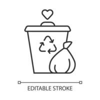 Garbage disposal linear icon. Waste management volunteer program. Help sorting litter. Trash collection. Thin line illustration. Contour symbol. Vector isolated outline drawing. Editable stroke