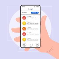plantilla de vector de interfaz de teléfono inteligente de intercambio de correo electrónico. diseño de color de la página de la aplicación móvil. pantalla de gestión de correo electrónico. interfaz de usuario plana para la aplicación. teléfono de mano con cuentas de correo electrónico en pantalla