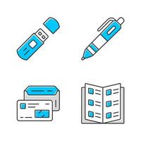 Office work attributes color icons set. Business accessories isolated vector illustrations pack. Corporate worker kit. USB flash drive, automatic pen, company catalog and envelope with id card