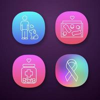 Volunteering app icons set. Humanitarian assistance. Animals welfare, donation box, medical aid, awareness ribbon.UI UX user interface. Web or mobile applications. Vector isolated illustrations