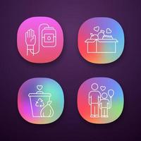 Volunteering app icons set. Altruistic activity. Blood and food donation, orphans care, garbage disposal. UI UX user interface. Web or mobile applications. Vector isolated illustrations