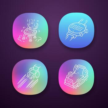 Disabled devices app icons set. Shower chair, hospital bed, wheelchair ramp, braille smartwatch, gadget. UI UX user interface. Web or mobile applications. Vector isolated illustrations