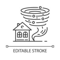 Tornado linear icon. Twister spiral funnel approaching house. Cyclone. Destructive hurricane. Storm. Typhoon. Thin line illustration. Contour symbol. Vector isolated outline drawing. Editable stroke