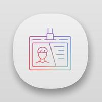 ID tag, identification document app icon. UI UX user interface. Web or mobile application. Access pass vector isolated illustration. Worker personal badge. Driver licence, company employee accessory