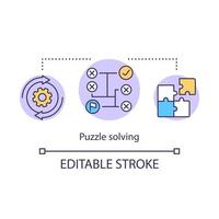 Puzzle solving concept icon. Game algorithm idea thin line illustration. Jigsaw puzzle. Searching solution. Rational, logical thinking. Vector isolated outline drawing. Editable stroke