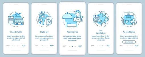 plantilla de vector de pantalla de página de aplicación móvil de incorporación de servicios de hotel. traslado al aeropuerto, cancelación gratuita. paso a paso del sitio web con ilustraciones lineales. ux, ui, concepto de interfaz de teléfono inteligente gui