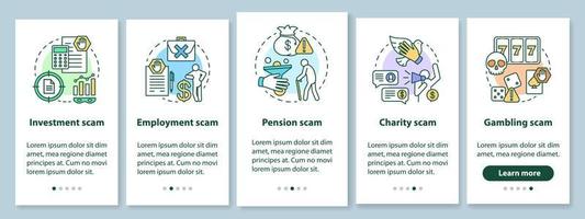 Scam types onboarding mobile app page screen with linear concepts. Five walkthrough steps graphic instructions. Investment and employment fraud. UX, UI, GUI vector template with illustrations