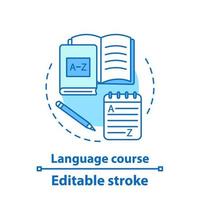 Foreign language courses concept icon. Grammar learning. Idea thin line illustration. Language learning materials. Vector isolated outline drawing. Editable stroke