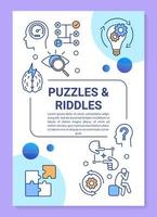 Puzzles and riddles poster template layout. Escape room banner, booklet, leaflet print design with linear icons. Strategy reality game vector brochure page layout for magazines, advertising flyers