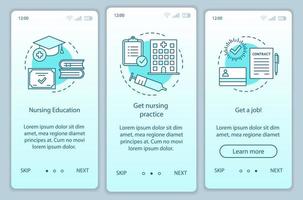 Nursing education onboarding mobile app page screen vector template. Become caregiver walkthrough website steps with linear illustrations. Carer, nurse profession. UX, UI, GUI smartphone interface