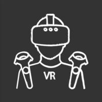VR player chalk icon. Virtual reality player. Man with VR mask, glasses, headset and wireless controllers. Isolated vector chalkboard illustration