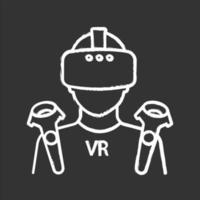 VR player chalk icon. Virtual reality player. Man with VR mask, glasses, headset and wireless controllers. Isolated vector chalkboard illustration