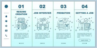 Job searching onboarding mobile app page screen vector template. Resume creation. Probation. Recruitment walkthrough website steps with linear illustrations. UX, UI, GUI smartphone interface concept