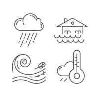 conjunto de iconos lineales de desastres naturales. peligro de cambios climáticos globales. tifón, inundación, pronóstico del tiempo, tsunami. símbolos de contorno de línea delgada. ilustraciones aisladas de contorno vectorial. trazo editable vector