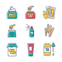 Waxing equipment color icons set. Natural hot honey wax strips with spatula. Hair removal tools. Body lotion, spray, oil for depilation. Professional beauty cosmetics. Isolated vector illustrations