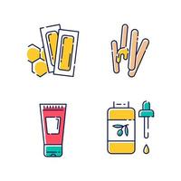 Waxing tools color icons set. Hot, soft wax strips with spatula. Hair removal equipment. Body lotion, oil for depilation. Professional beauty treatment cosmetics. Isolated vector illustrations