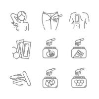 Waxing linear icons set. Armpit, buttocks, back, brow hair removal. Fruit, sugar wax in jar. Depilation strips. Thin line contour symbols. Isolated vector outline illustrations. Editable stroke