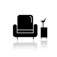 Lobby bar drop shadow black glyph icon. Room service, beverage delivery, hotel amenities. Comfortable rest place with soft armchair and cocktails. Relax zone. Vector isolated illustration