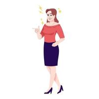 Woman in joking mood flat vector illustration. Cheerful girl shows interest with pointing finger gesture. Flirting business lady isolated cartoon character with outline elements on white background