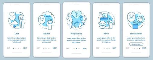 Hard feelings onboarding mobile app page screen vector template. Grief, despair, helplessness, horror. Walkthrough website steps with linear illustrations. UX, UI, GUI smartphone interface concept