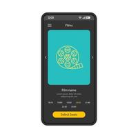 Movie tickets booking smartphone interface vector template. Mobile app page black design layout. Cinema online ticketing screen. Flat UI for application. Film name, time, seats selection phone display