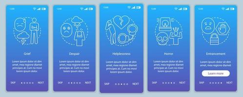 Hard feelings onboarding mobile app page screen vector template. Grief, despair, helplessness, horror. Walkthrough website steps with linear illustrations. UX, UI, GUI smartphone interface concept