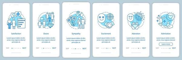 Relationship feelings onboarding mobile app page screen vector template. Satisfaction, desire, adoration. Walkthrough website steps with linear illustrations. UX, UI, GUI smartphone interface concept