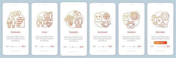 Relationship feelings onboarding mobile app page screen with linear concepts. Satisfaction, desire, adoration walkthrough steps graphic instructions. UX, UI, GUI vector template with illustrations