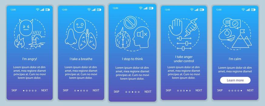 plantilla de vector de pantalla de página de aplicación móvil de incorporación de gestión de ira. respira, para a pensar, tranquilo. paso a paso del sitio web con ilustraciones lineales. ux, ui, concepto de interfaz de teléfono inteligente gui
