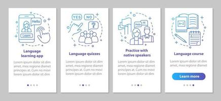 Foreign language learning onboarding mobile app page screen vector template. Lessons with native speaker, language quizzes, courses. Walkthrough website steps. UX, UI, GUI smartphone interface concept